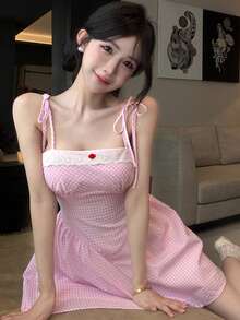 Joudiya Đầm ngắn hai dây kẻ caro kiểu dáng thường ngày dành cho nữ, thích hợp cho mùa hè. - Hồng - Xem 2