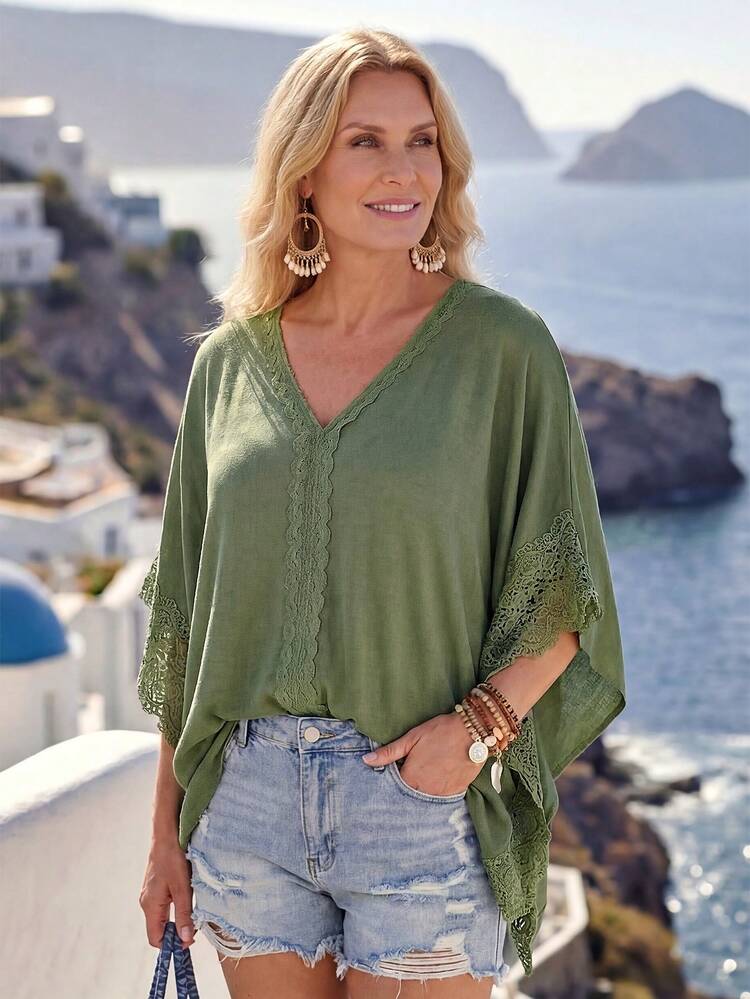 Plus Size Women's Summer Casual Vacation Country V-Neck Lace Patchwork Solid Green Loose Blouse Shirt Top, Casual Holiday Style,Summer Outfits For Women ,Vacation Outfits Women ,Holiday Outfits For Women,Going Out Outfits,2026 New Clothes,Simple And Fashionable For Everyday Wear,Suitable For Summer, Vacation, Daily Wear, Festival Outfits For Women,Country Concert Outfit,Beach Outfits For Women,Western Style,Gifts For Mother,Tunic Blouse