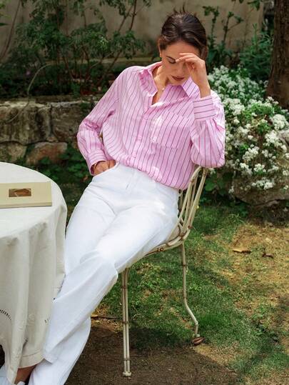 Dayvera Women's Striped Single-Breasted Casual Versatile Daily Wear Shirt Women's Casual Pink Striped Cotton Long Sleeve Button Up Shirt Elegant Spring Summer Vacation Office Work Blouse Top With Pocket Striped Shirts For Ladies Shirts For Women Casual Shirts For Woman Spring Shirts For Woman Summer Blouses For Women Casual