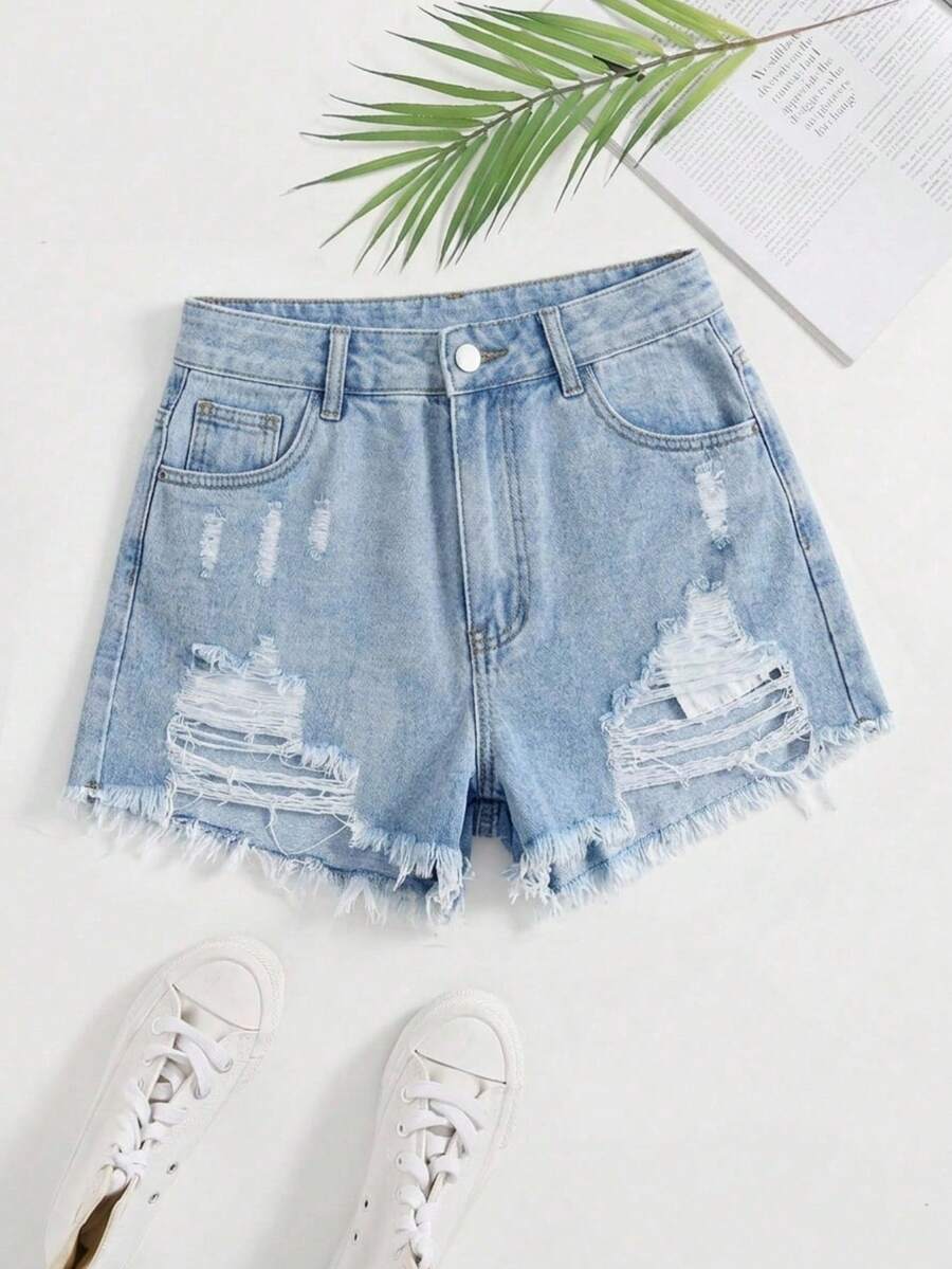 Rivivi 女士休闲做旧口袋纽扣毛边牛仔短裤，日常百搭 - 藍色 - 查看 1