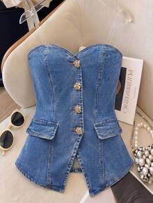 SHEIN MOD Áo hai dây denim nữ khóa kim loại, kiểu dáng thường ngày, đa năng. - Rửa nhẹ - Xem 1