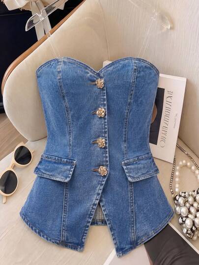 SHEIN MOD Áo hai dây denim nữ khóa kim loại, kiểu dáng thường ngày, đa năng.