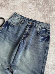 Comfortcana Quần jeans ống loe có túi và khóa kéo dành cho nữ, thích hợp mặc hàng ngày. - Rửa tối - Xem 5