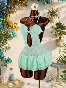 Lyxana Women's Sequins Ruffle Mesh Patchwork Backless Mini Dress - Mint Blue - View 6