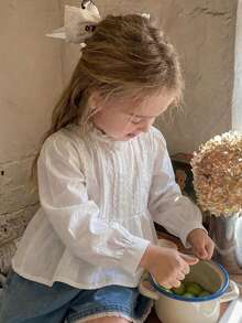 DAZY Toddler Girls' Round Neck Ruffle Trim Solid Color Casual Chic Long Sleeve Blouse, Spring/Summer - White - View 3
