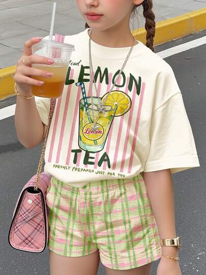 Cream White & Fresh Green Plaid, Island Resort Beachside Iced Lemon Tea Print, Tween Girl Casual Minimalist Round Neck Short Sleeve T-Shirt And Shorts 2-Piece Set, Suitable For Spring/Summer Daily Wear, Street Style, Vacation, Farm, Resort