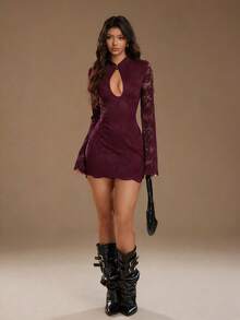 TRNVIE Summer Burgundy Autumn Elegant Seductive Night Out Lace Bodycon Dress,Vintage Mandarin Collar Hollow Out Flare Sleeve, Cocktail Party Dresses - Burgundy - View 4