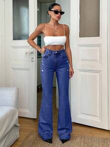 SHEIN 98%Cotton HIGH RISE FLARE LIGHT BLUE LONG JEAN, Tall Women - Dark Wash - View 4