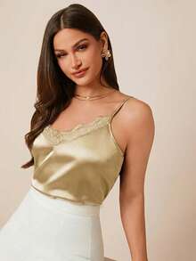 Amorya Áo hai dây satin màu xanh thanh lịch dành cho nữ, cổ ren, đa năng, thích hợp mặc vào mùa xuân/hè hoặc mặc lót bên trong vào mùa thu/đông. - Lạc đà - Xem 5