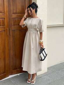 Siren Gaze Petite 女士休闲蝙蝠袖露背系腰连衣裙，适合度假、家庭聚会、婚礼等场合。 - 杏色 - 查看 6