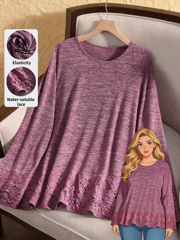 Plus Size Purple Lace Patchwork Long Sleeve T-Shirt, Casual Autumn Fall Winter Plus Size Long Sleeve Top, Country Concert Winter Cozy Fall And Winter