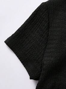 SHEIN 少女纯棕色纹理针织侧褶短袖修身T恤和阔腿裤休闲两件套 - 黑色 - 查看 5