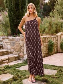 KARISMINA Đầm nữ màu nâu, kiểu dáng thanh lịch, lãng mạn, bất đối xứng, họa tiết chấm bi, thích hợp cho kỳ nghỉ. - màu nâu - Xem 12