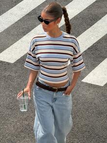 Muchica 休闲简约风蓝色不对称条纹T恤，百搭街头风，适合春夏穿着 - 彩色 - 查看 6