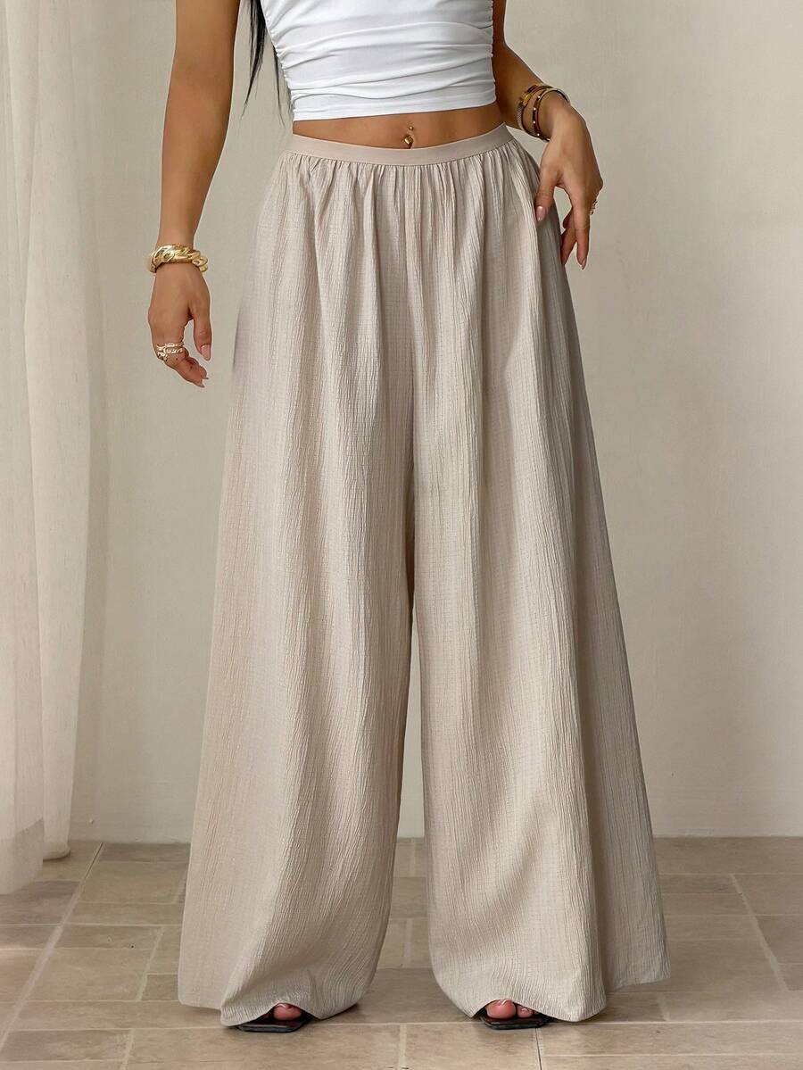 SHEIN PETITE Quần dài mùa hè dáng rộng, chất liệu có họa tiết, kiểu dáng thường ngày. - Màu be - Xem 1