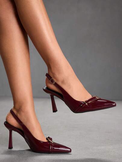 CUCCOO SZL 女士深红色漆皮金属链条装饰尖头后跟细高跟鞋，适合职场人士，轻便百搭的通勤鞋