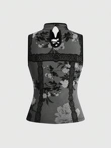 ROMWE Avant Atasan Tanpa Lengan Wanita Gaya Retro Cina Baru dengan Desain Bunga Jendela Taman, Motif Bunga, Kerah Mandarin - Grey - View 8