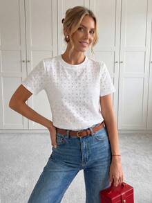 EMERY ROSE 女款圓領休閒紋理織物短袖T恤，適用於夏季假期 - 白色 - 查看 7