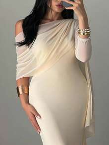 Modelyn Plus Size Women's Solid Color Ruched Asymmetric Shoulder Fitted Elegant Dress - Apricot - View 6