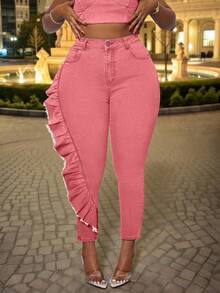 Slaydiva Pantalones pitillo de talla grande para mujer con volantes en el bajo - Rosa - Ver 3
