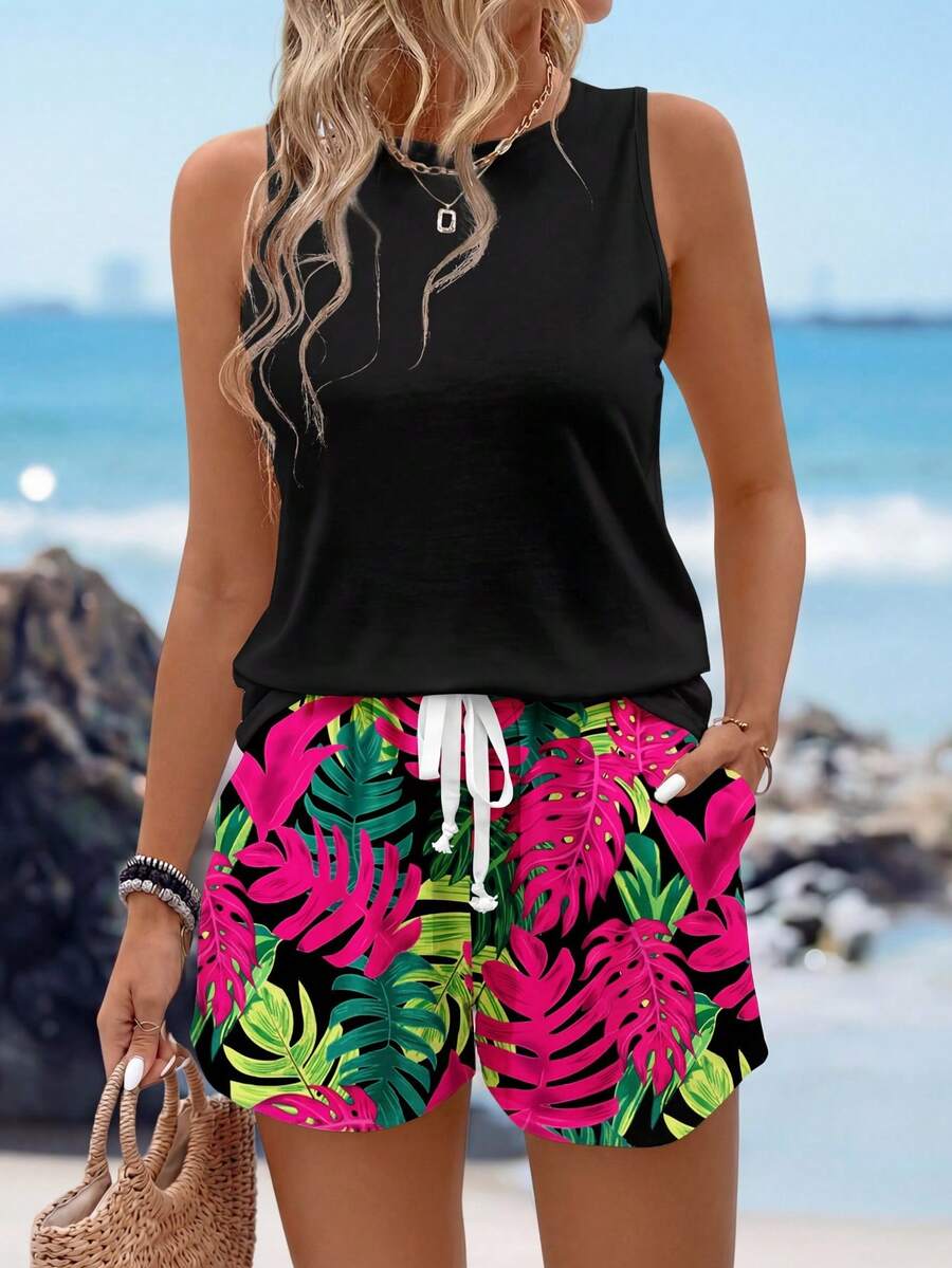 Sylviya 女士夏季多色针织无袖吊带背心和热带印花短裤套装（带口袋） 女士夏季套装 女士热带风情套装 女士夏季套装 女士短裤套装 女士度假夏季短裤套装 女士热带度假服装 - 彩色 - 查看 1