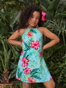 SHEIN Vestito casual da vacanza in chiffon con motivo floreale ditsy per ragazze pre-adolescenti - Multicolore - Visualizzare 5