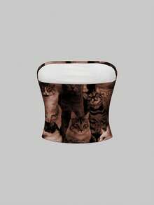 ROMWE Grunge Punk Women's Casual Versatile Cat Print Tube Top - Brown - View 2