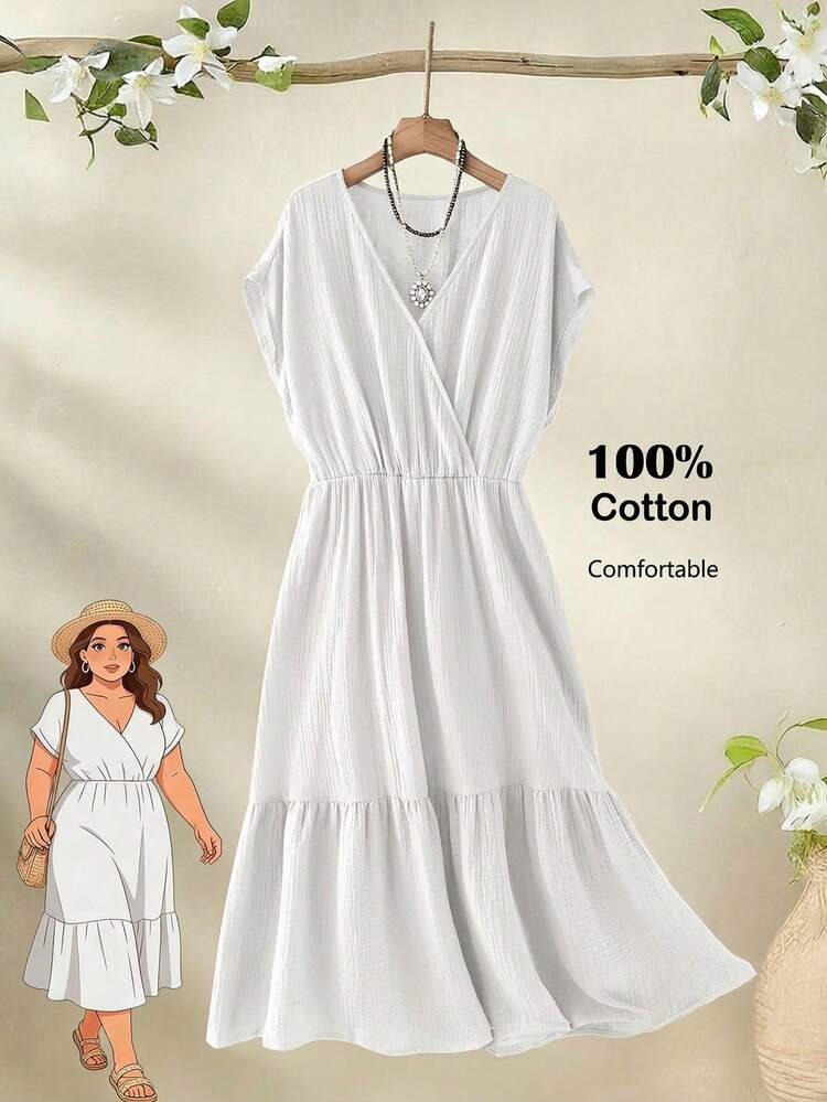 Plus Size Women's Summer Casual Vacation Country  Short Sleeve Solid Color White Mid-Length Dress, Comfortable & Relaxed,Plus Size Women's Summer Casual Vacation Country Short Sleeve Solid Color Mid-Length Dress, Comfortable & Casual/Summer,Comfortable And Breathable,Summer Holiday,Spring Break Outfits ,Vacation Outfits Women ,Holiday Outfits For Women,Going Out Outfits,2026 New Clothes,Simple And Fashionable For Everyday Wear,Casual Dresses For Women,Flowy Dress ,Suitable For Summer, Vacation, Commute, Daily Wear Cottagecore Dress Solid Color Dress,Vacation, Daily Wear, Festival Outfits For Women,Country Concert Outfit,Beach Outfits For Women,Western Style