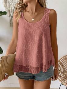 EMERY ROSE Women's Summer Casual Swiss Polka Dot Patchwork Lace Strap Camisole - Dusty Pink - View 6