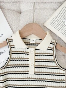 女宝宝夏季休闲度假日常通勤撞色条纹印花 Polo 领荷叶边下摆无袖连衣裙 - 卡其色 - 查看 5