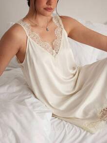 Freevana Vestido suelto sin mangas con cuello en V para mujer de talla grande, diseño asimétrico, unicolor, albaricoque, con ribete de encaje satinado, parches de encaje, sexy y cómodo, elegante para uso diario, vacaciones, primavera/verano - Albaricoque - Ver 3