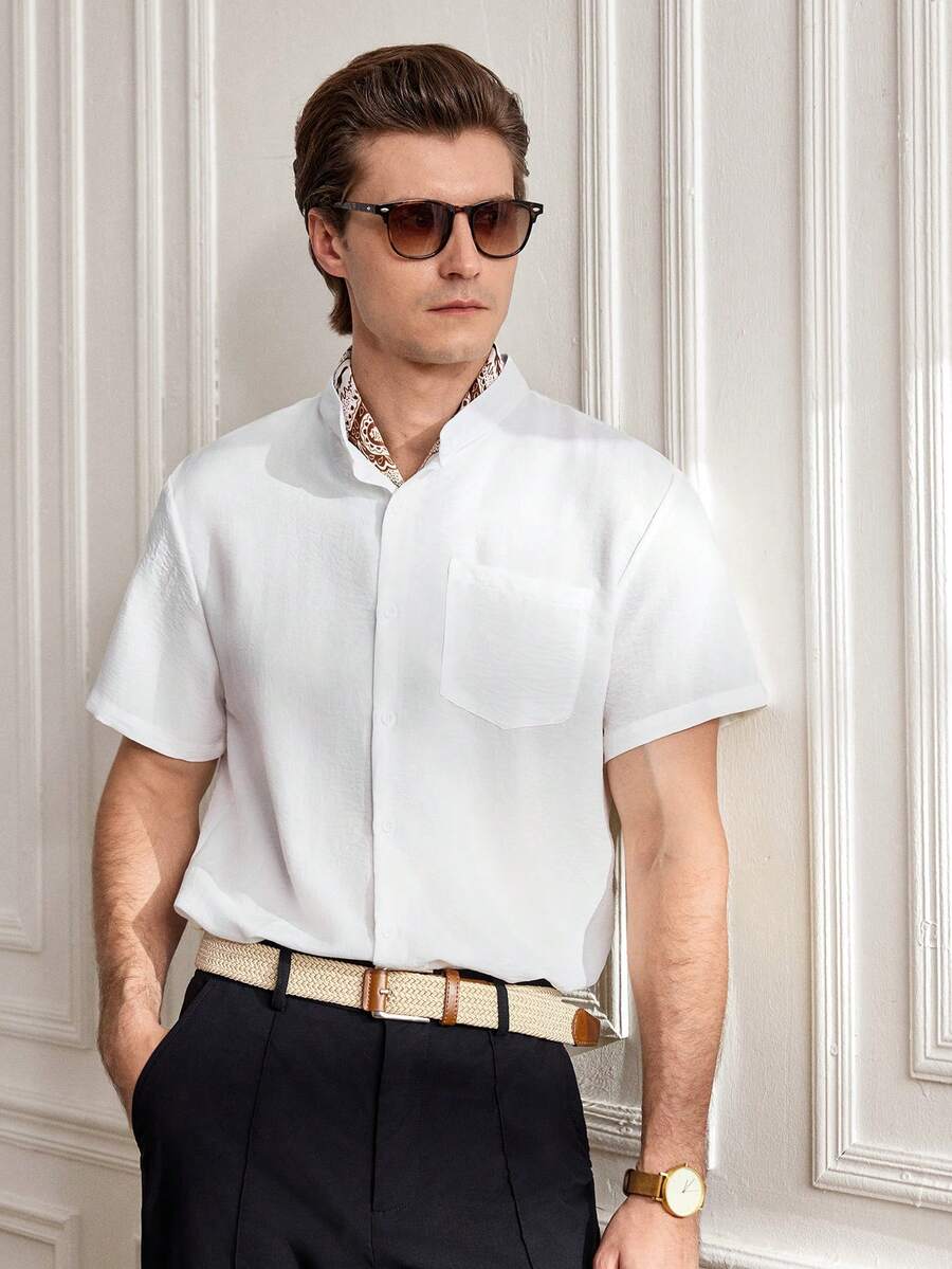 Officeau Camisa blanca de hombre, cómoda de manga corta, estilo vintage casual, ajuste slim, top de verano - Blanco - Ver 1