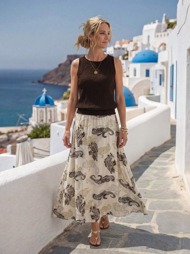 Women's Summer Bohemian Vacation Solid Color Textured Fabric Sleeveless Top And Paisley Print Skirt 2-Piece Set Summer Outfits For Women Casual Sets For Women Two Piece Set Women Summer Two Piece Set 2 Piece Vacation Outfit Two Piece Vacation Set 2-Piece Going Out Sets For Women Two Piece Skirt Set Matching Sets For Women