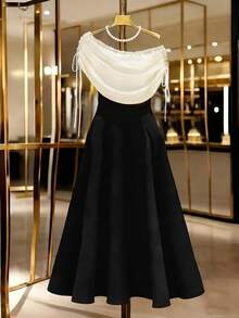 GlowEve CURVE Plus Size Women's Colorblock Asymmetric Neck Drawstring Design Elegant Dress - Black and White - View 1