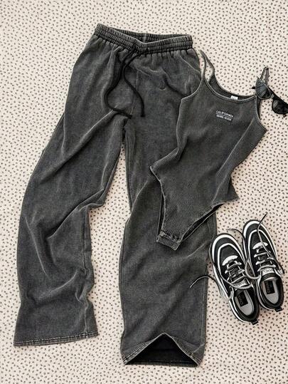 SHEIN Bộ áo liền quần gân và quần ống rộng cạp chun cho bé gái tuổi teen, kiểu dáng thường ngày.