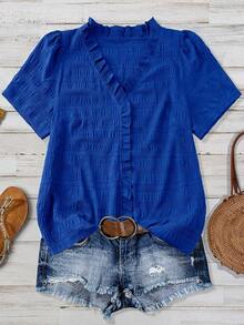 Linhara Plus Size Women's Solid Color Textured V-Neck Short Sleeve Casual Regular Blouse, Suitable For Going Out, Vacation, Club - Blue - View 1