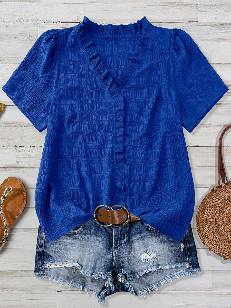 Linhara Plus Size Women's Solid Color Textured V-Neck Short Sleeve Casual Regular Blouse, Suitable For Going Out, Vacation, Club - Blue - View 1