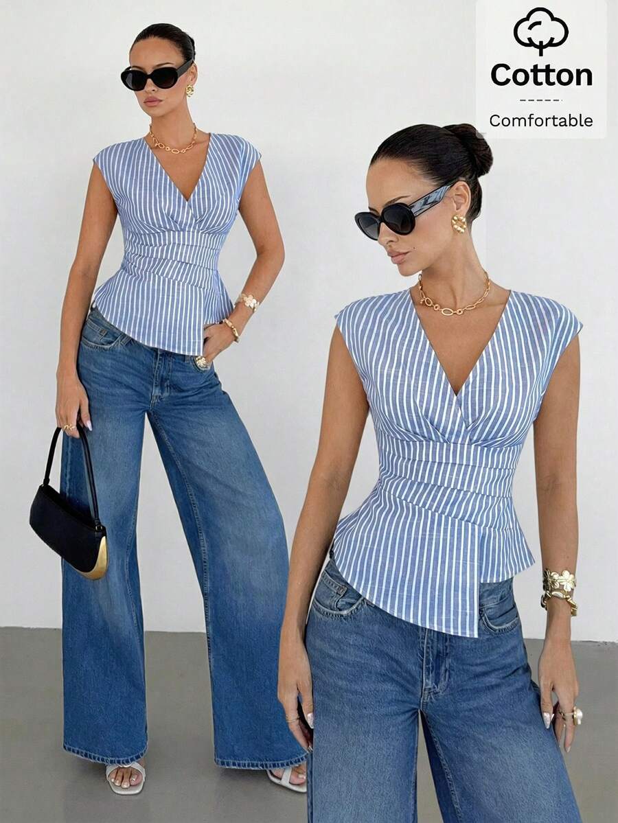 Siren Gaze 女士V领条纹休闲百搭日常上衣 女士休闲穿搭 女士夏季穿搭 女士休闲上衣 女士夏季上衣 条纹V领上衣 - 藍白色 - 查看 1