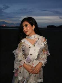 Anewsta Áo kiểu nữ thanh lịch, phù hợp cho công sở, họa tiết chấm bi và hoa, tay bồng kiểu đèn lồng. - Màu be - Xem 7