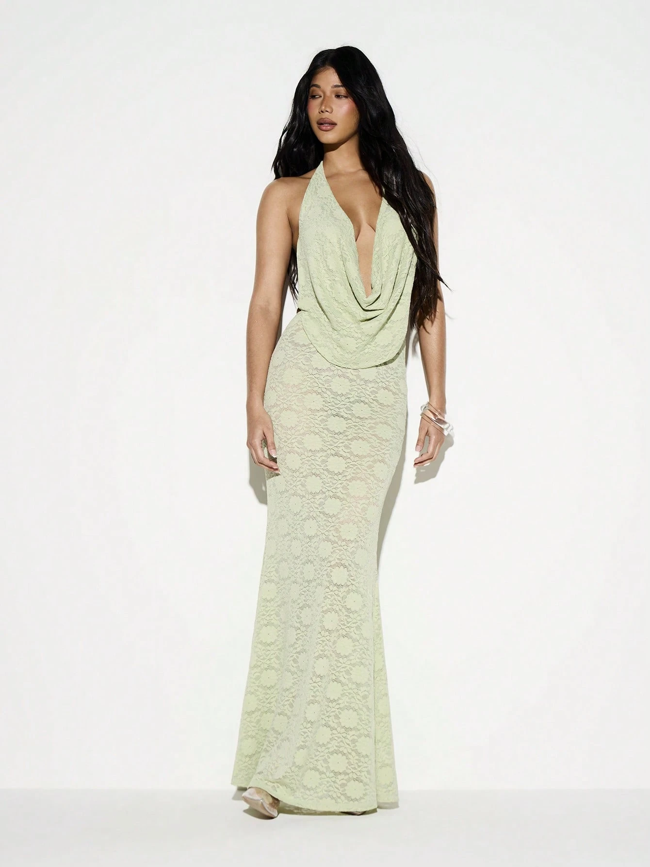KIZN Sage Lace Halter Cowl Neck Maxi Dress