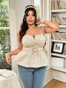 FleurLily Plus Size Women's Brown Jacquard Summer Camisole Top,Elegant Contrast Color Spaghetti Strap Tie-Up Bow Hollow Out Fashionable Cami Gym - Khaki - View 1