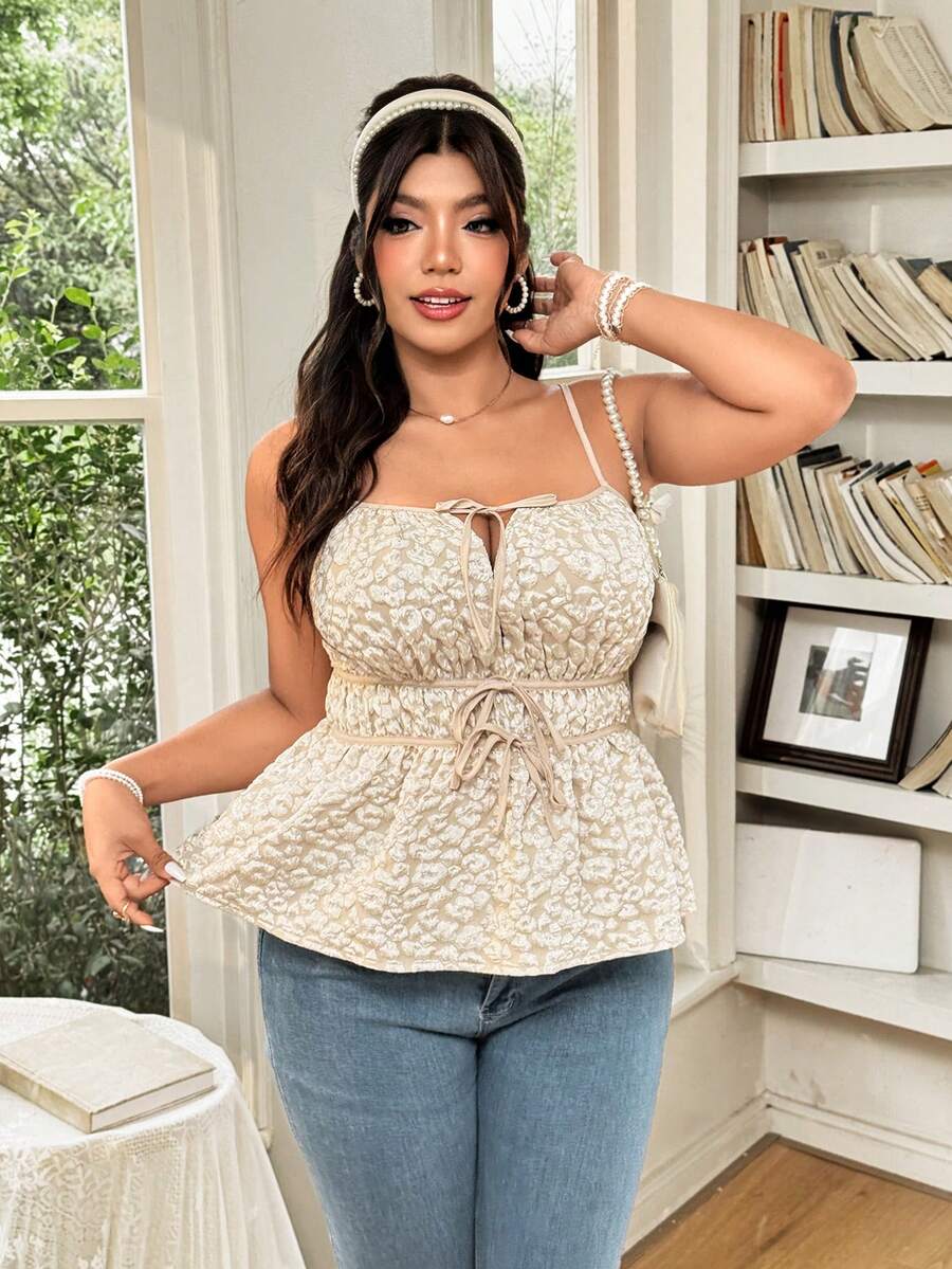 FleurLily Plus Size Women's Brown Jacquard Summer Camisole Top,Elegant Contrast Color Spaghetti Strap Tie-Up Bow Hollow Out Fashionable Cami Gym - Khaki - View 1