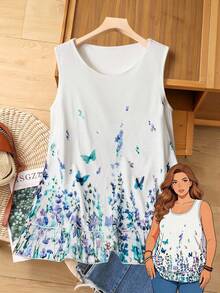 Rusticease Plus Size Women's White Summer Boho Flowy Vacation Floral Butterfly Gradient Print Sleeveless Double Layer Round Neck Top,Country Casual Concert Tee - Multicolor - View 1