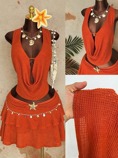 Sunspun Plus Size Spring/Summer Cowl Neck Top And Double-Layer Ruffle Starfish Decor Skirt 2-Piece Set