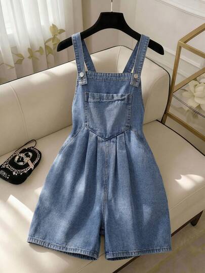 SHEIN MOD Women's Casual Pleated Loose Denim Jumpsuit With Pockets