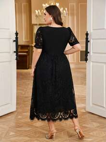 Reflora Vestido de fiesta elegante con cuello en V y cintura fruncida para mujer de talla grande - Negro - Ver 8