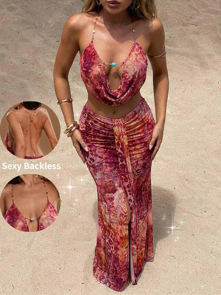 Aloruh Bộ 2 món gợi cảm phong cách Y2K Bohemian, áo croptop cổ xếp ly đính hạt và chân váy maxi đuôi cá xếp tầng, thích hợp cho kỳ nghỉ hè.