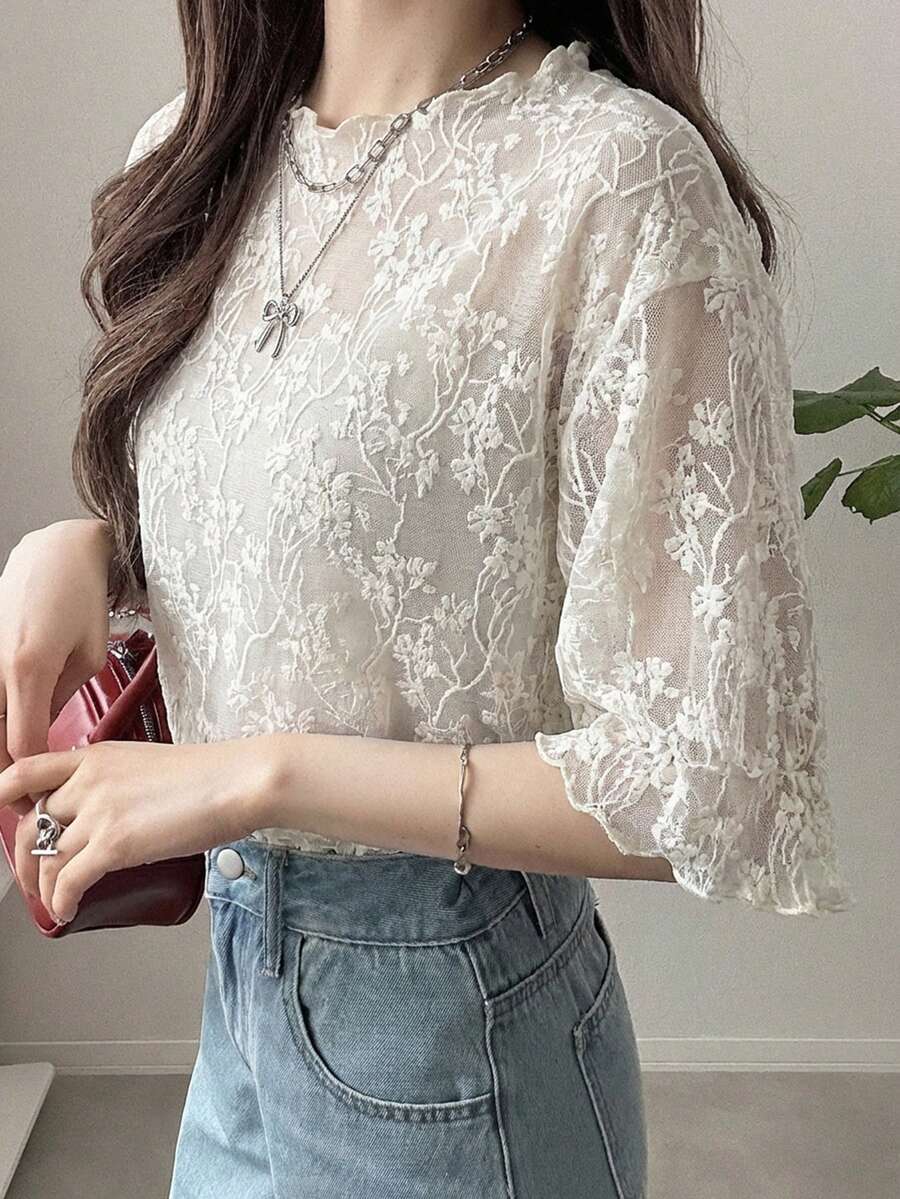 FRIFUL 女士波浪条纹宽松撞色滚边短袖T恤，夏季休闲装 - 米色 - 查看 1