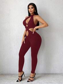 SHEIN SXY 女士交叉露背性感无袖黑色连体裤 - 酒紅色 - 查看 3