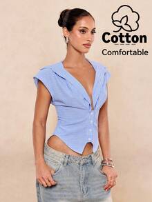 Lumalex 全白派对女士秋季端庄复古夏季泳装泳衣泳装度假优雅复活节波西米亚风海滩热门户外丰富层次婚礼季宴会成人礼海滩海边女士收腰低领翻领上衣时尚性感上衣 - 藍色 - 查看 4